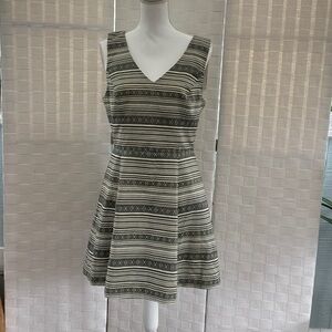 Saks 5th Avenue RED V-Neck Striped A-Line Dress in Black and Cream, size L